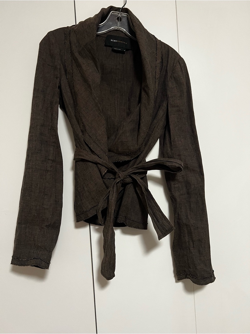BCBGMAXAZRIA Christian Wrap Jacket Linen Blend Cowl Neck Brown Women’s Size XS